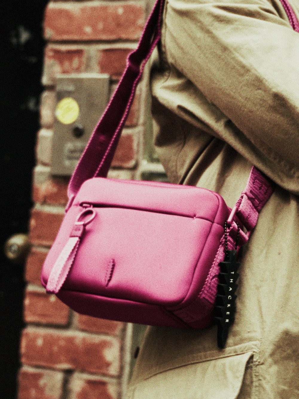 Thacker Ella neoprene camera crossbody bag Burgundy Logo Strap Pockets
